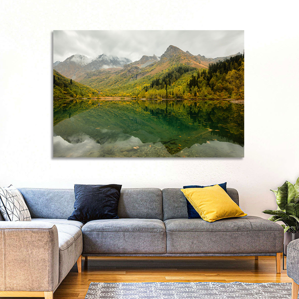Kardyvach Lake Reflection Under Clouded Peaks Wall Art