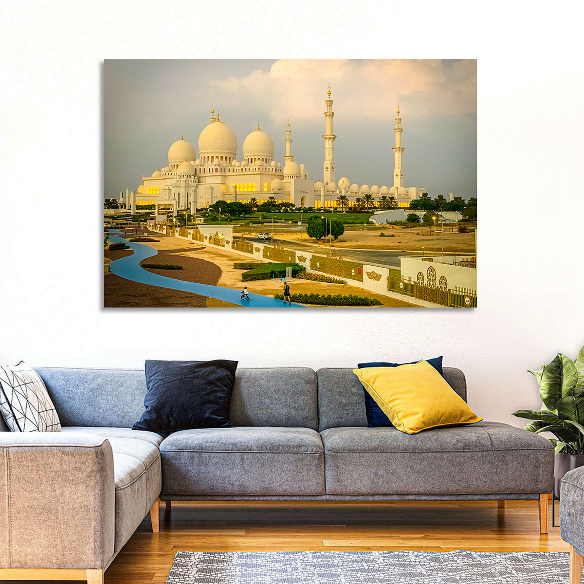 Sheikh Zayed Grand Mosque at Golden Dusk Wall Art in a room, landscape
