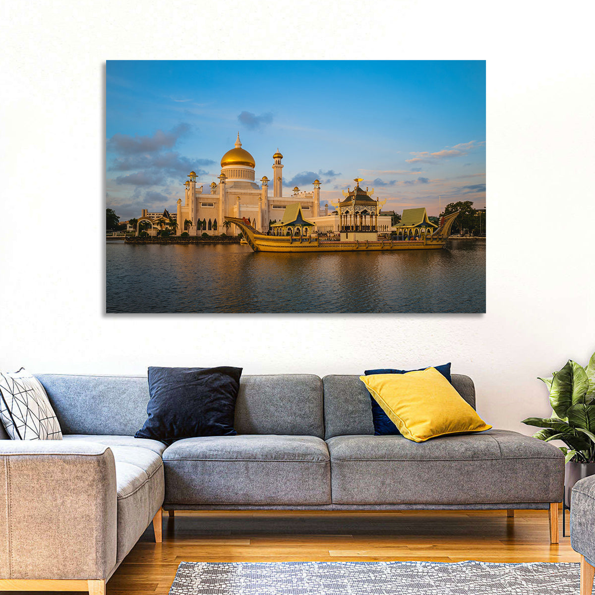 Sultan Omar Ali Saifuddien Mosque at Golden Hour Wall Art in a room, landscape