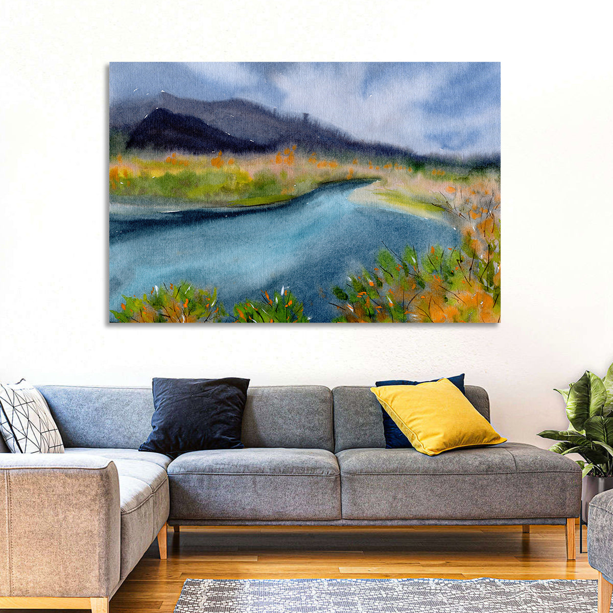 Misty Autumn River and Mountain Landscape Wall Art