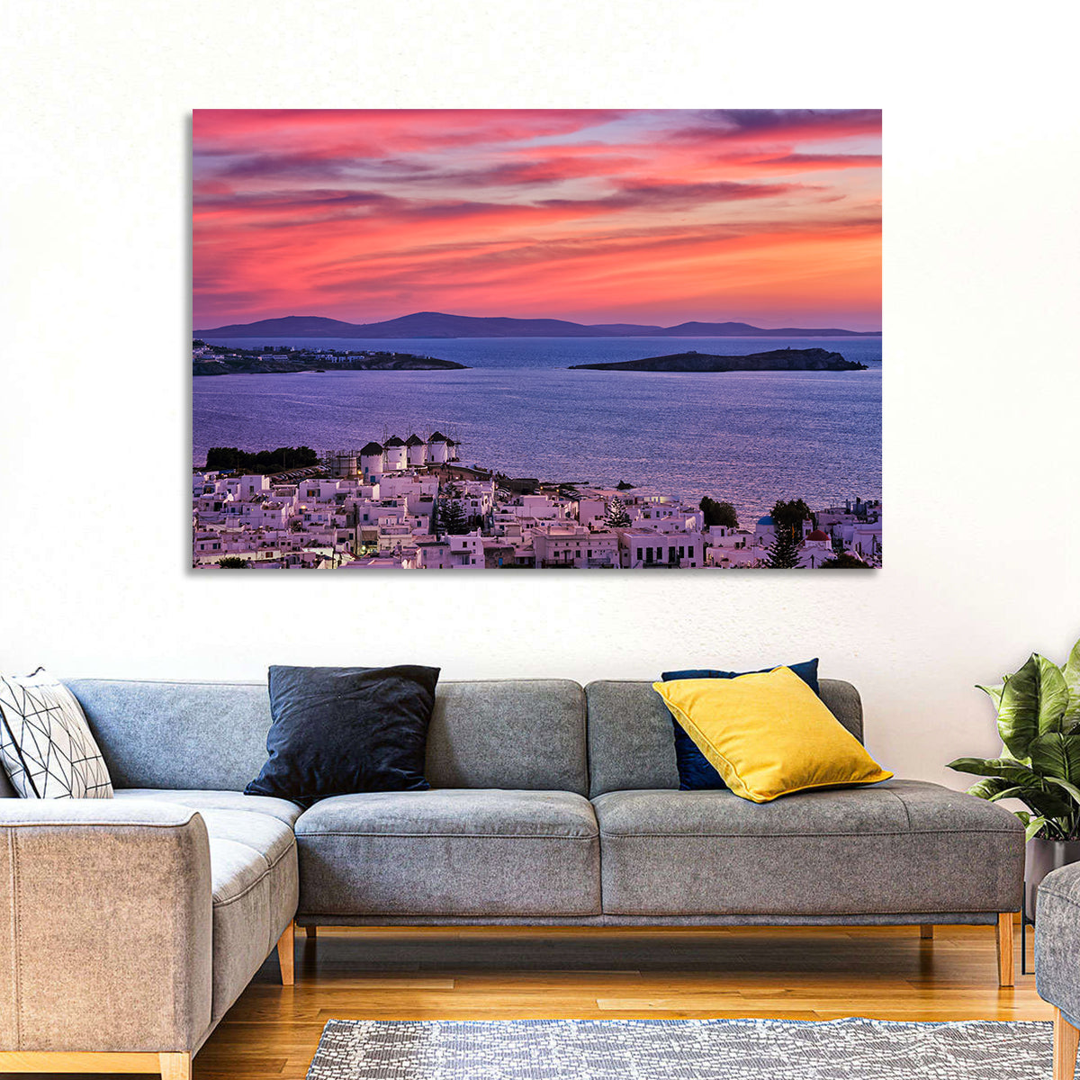 Mykonos Windmills at Sunset Wall Art in a room, landscape