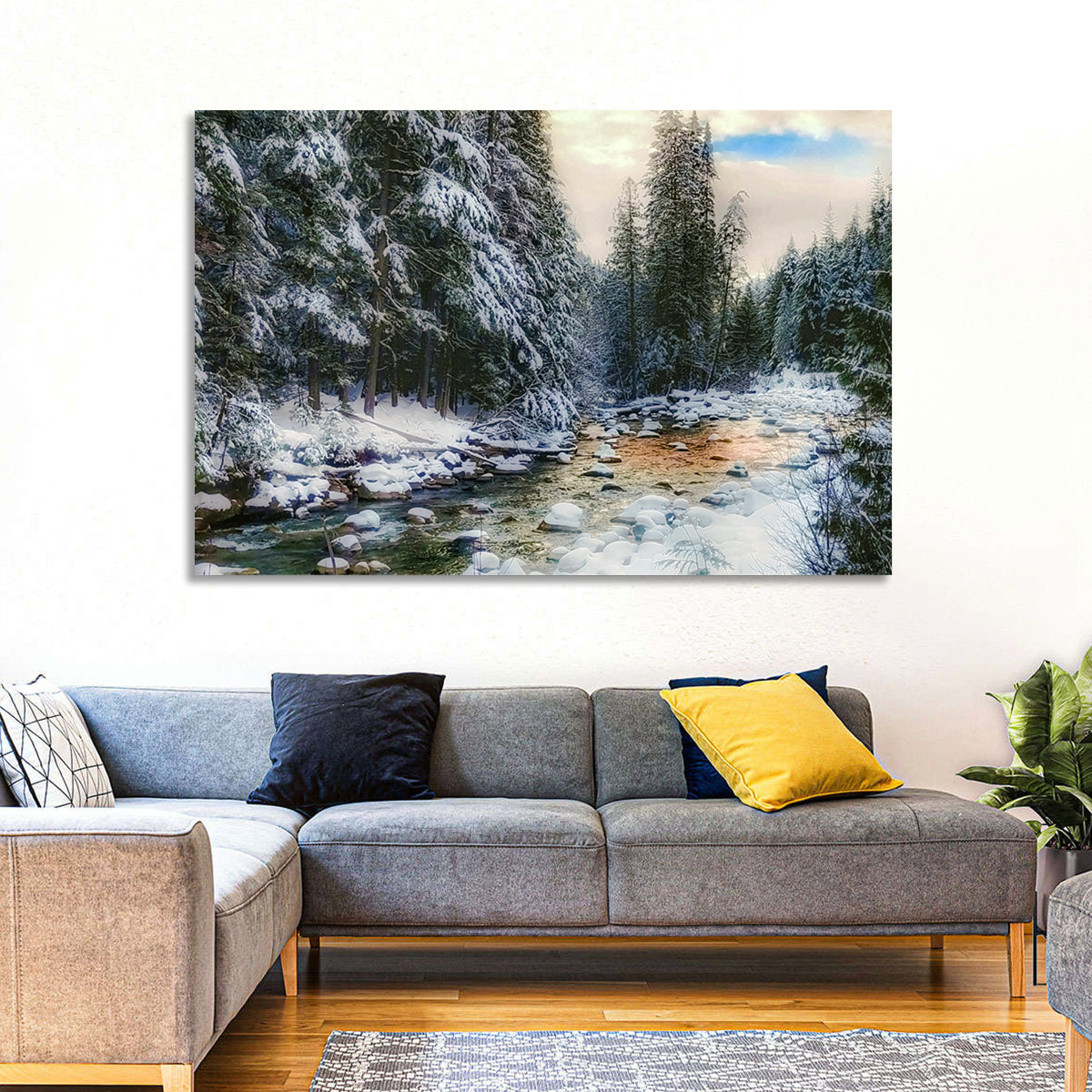 Winter Creek in Snowy Pines Wall Art in a room, landscape