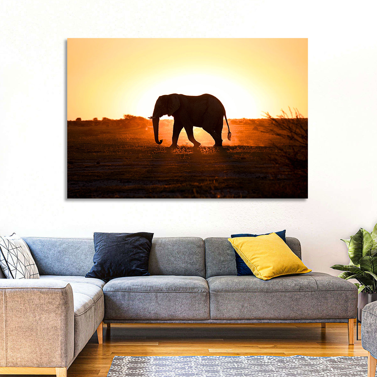 Golden Hour Elephant Silhouette Wall Art in a room, landscape