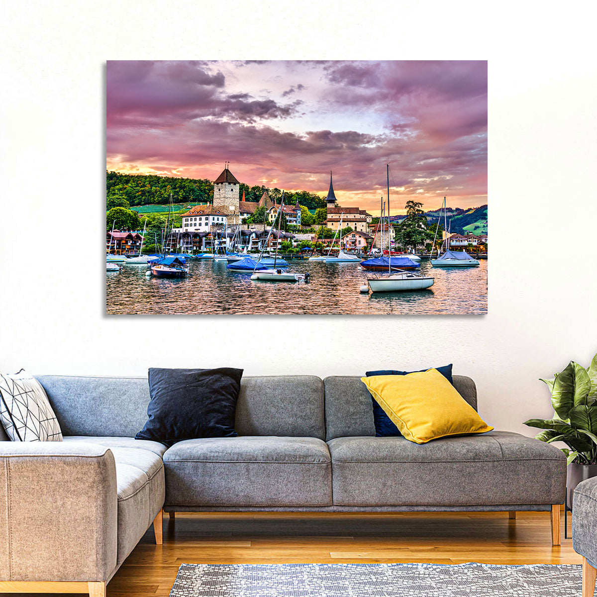 Spiez Castle Harbor Sunset Wall Art