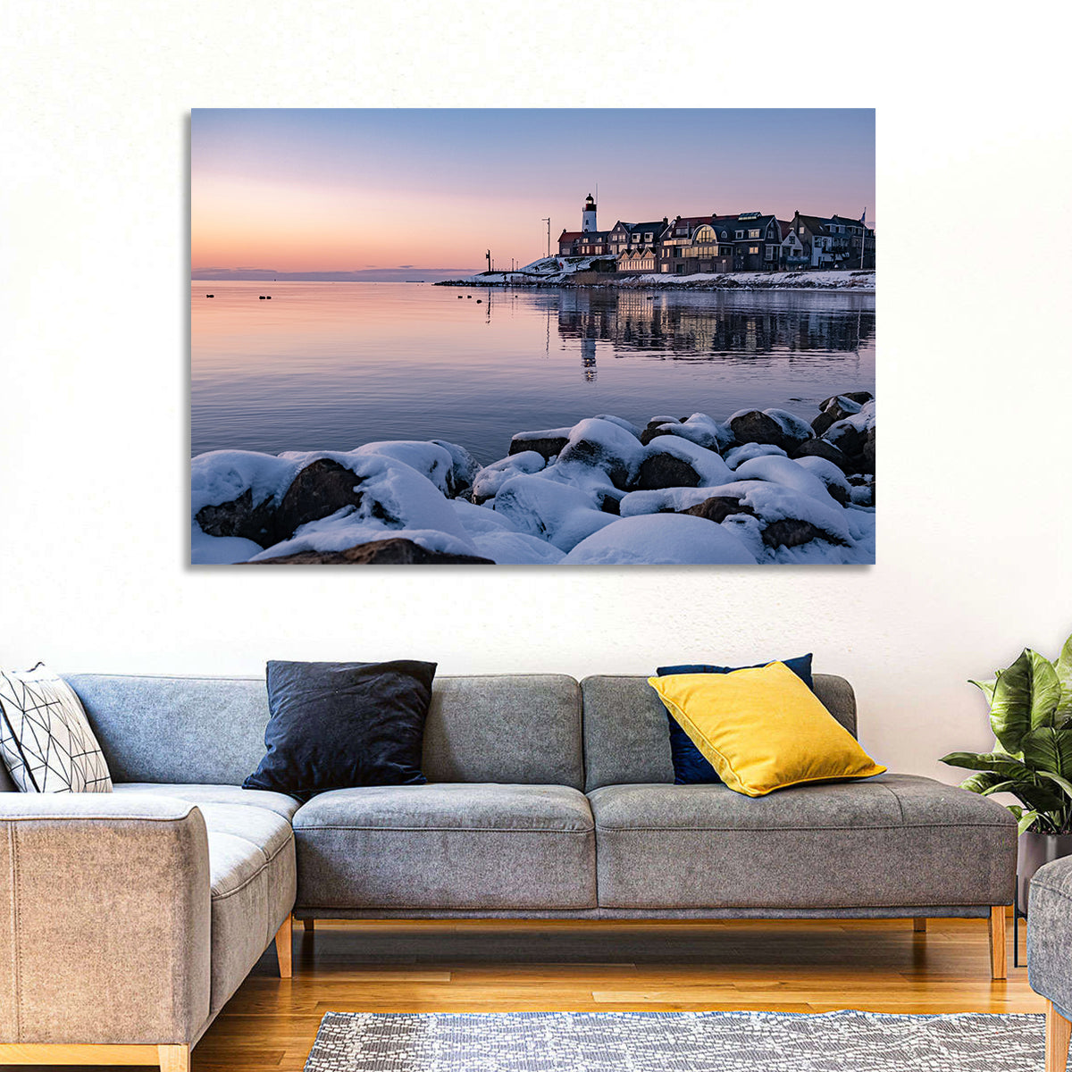 Urk Lighthouse Winter Twilight Harbor Wall Art