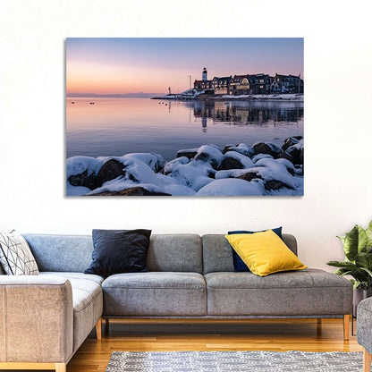 Urk Lighthouse Winter Twilight Harbor Wall Art