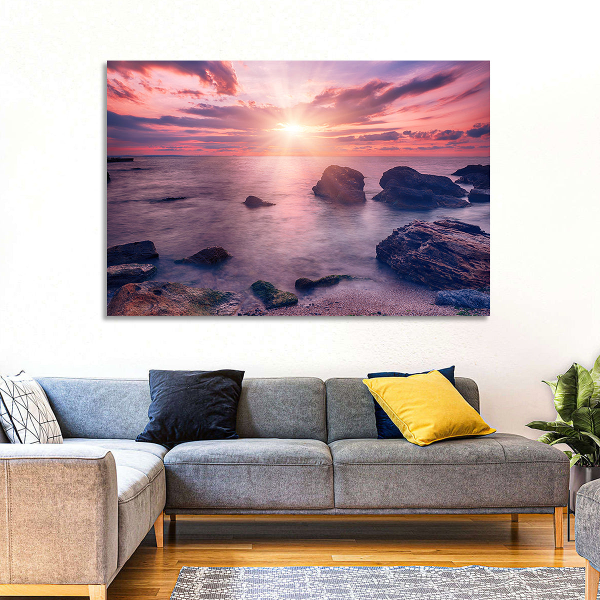 Ethereal Sea Sunrise Wall Art in a room, landscape