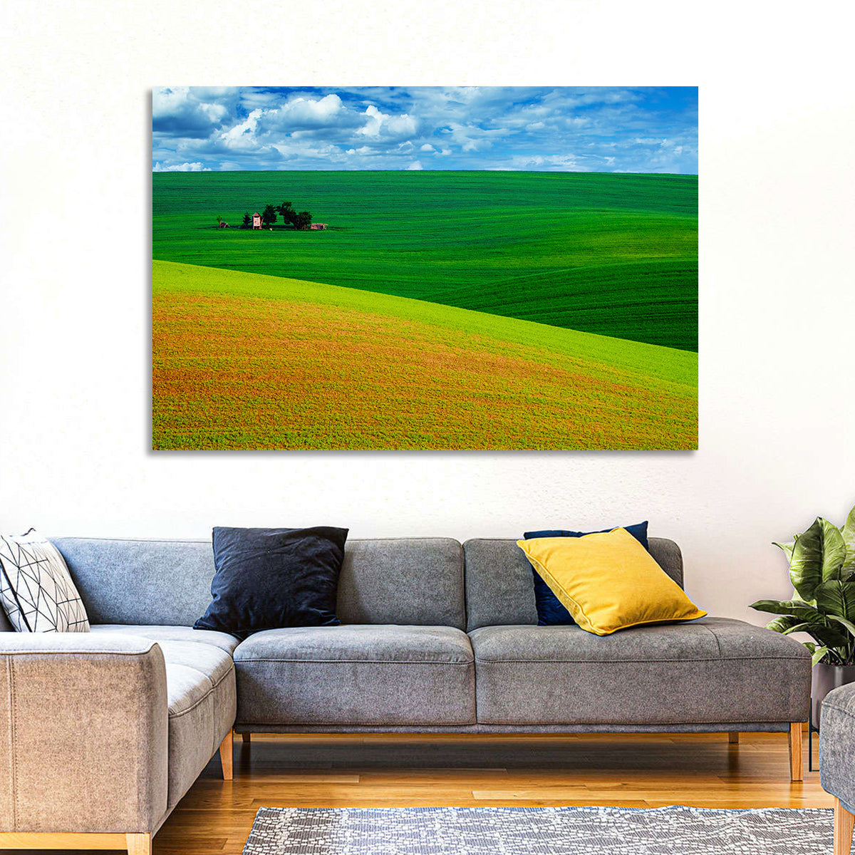 Golden Field and Green Hillside Wall Art in a room, landscape