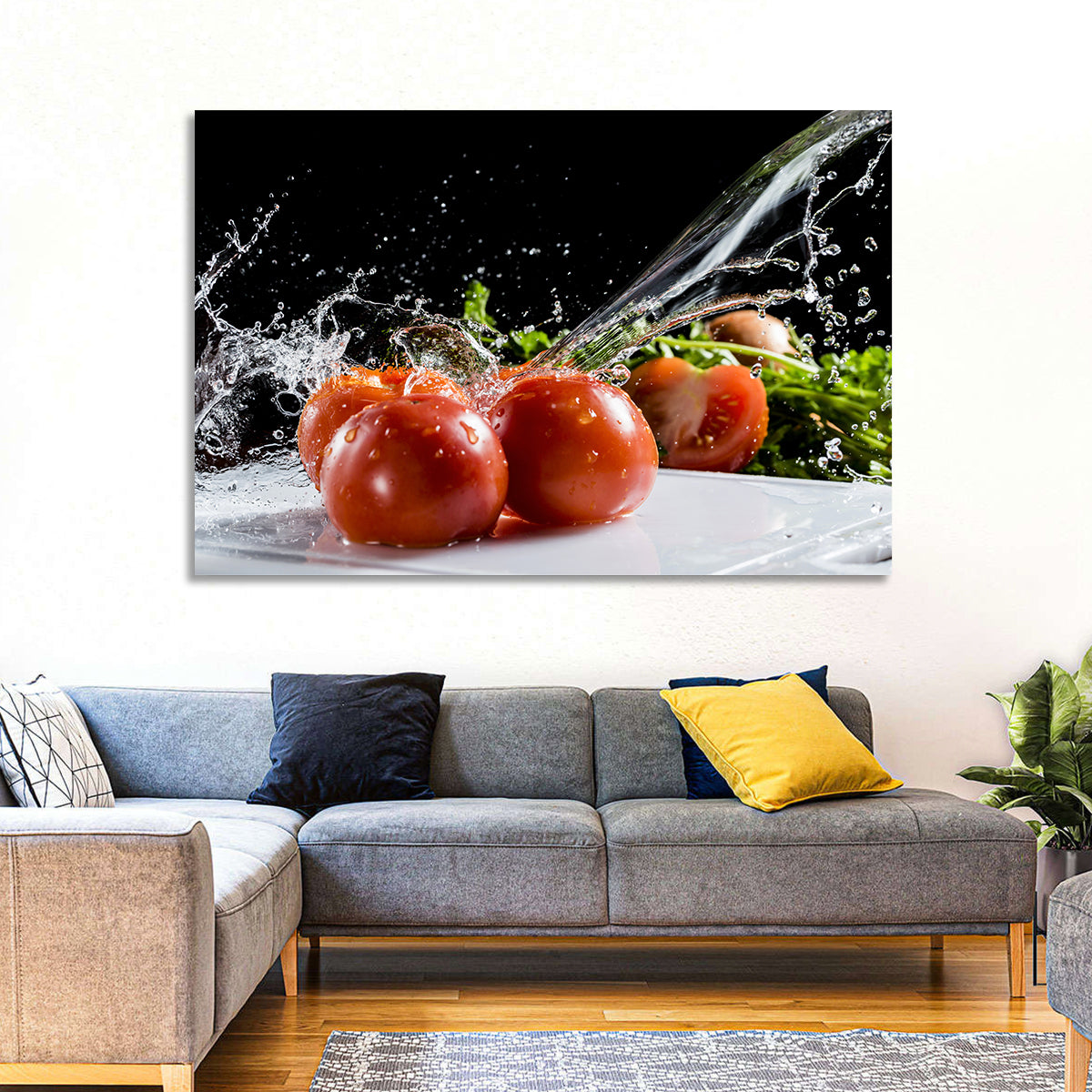 Tomatoes with Water Splash Wall Art in a room, landscape