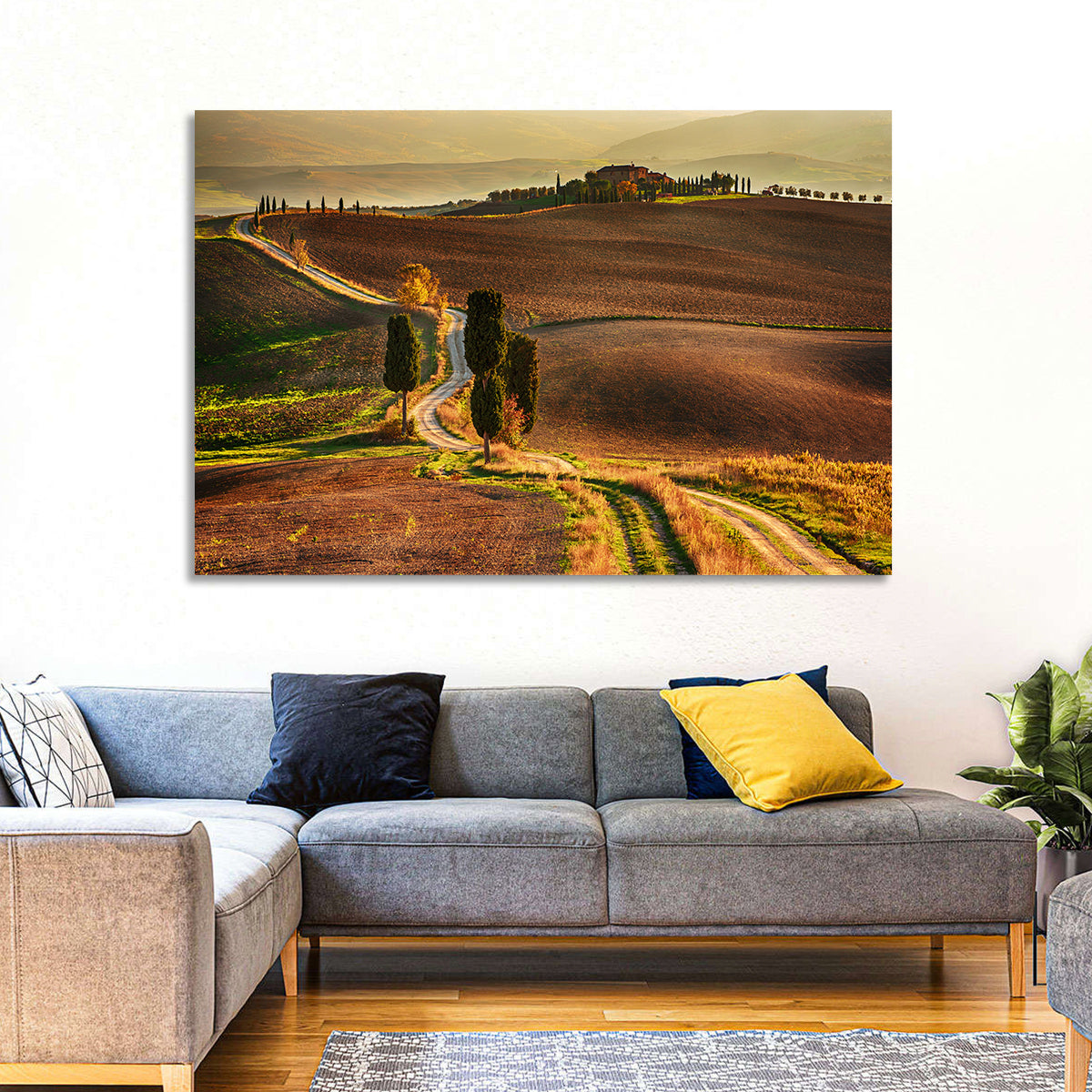 Val D’orcia Winding Golden Road Wall Art in a room, landscape
