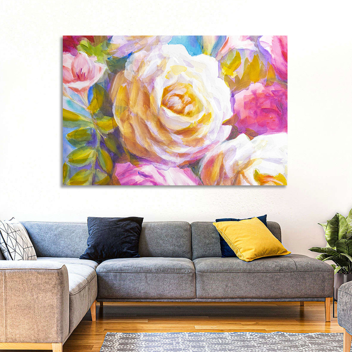 White and Gold Rose Bouquet Wall Art in a room, landscape