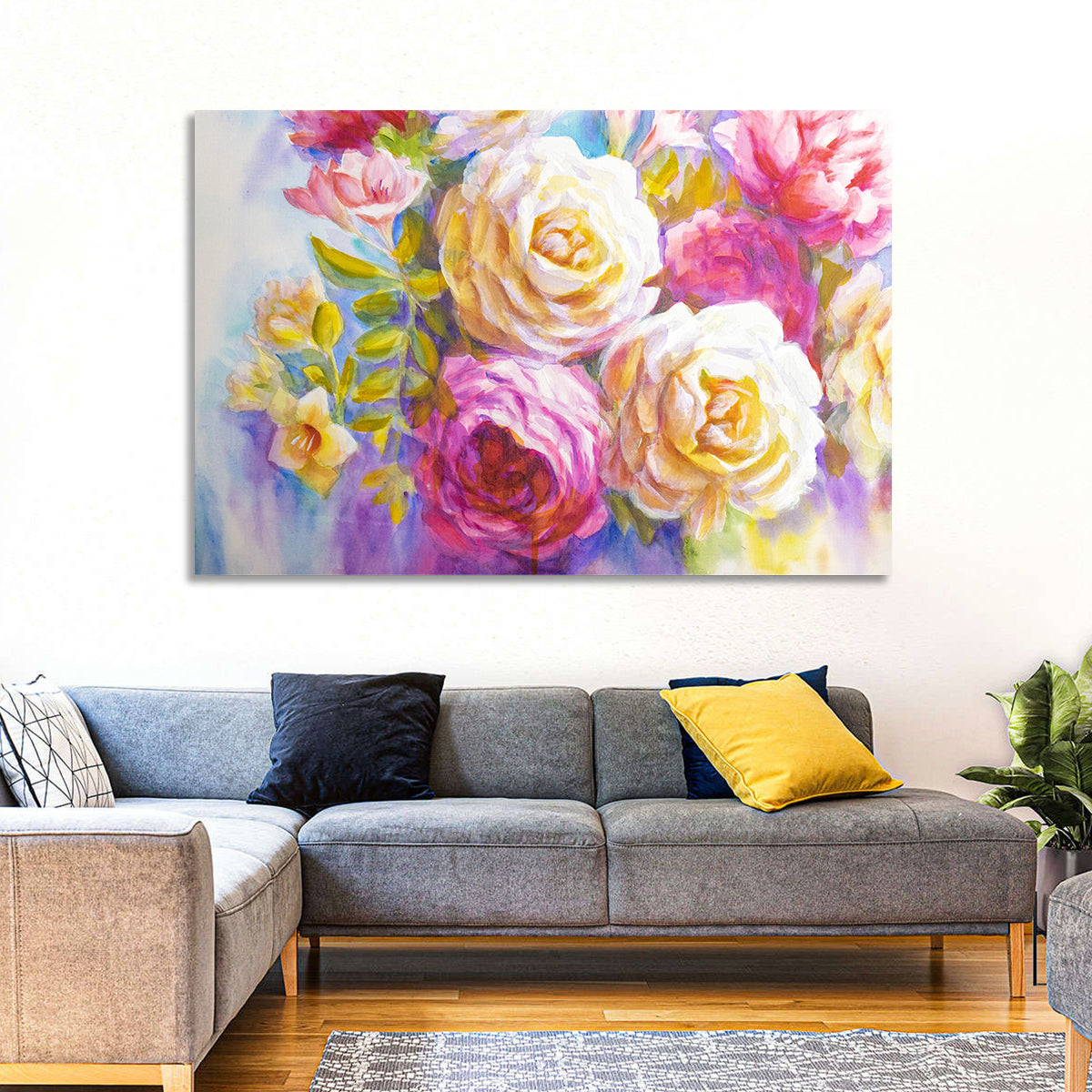 Layered Watercolor Rose Bouquet Wall Art