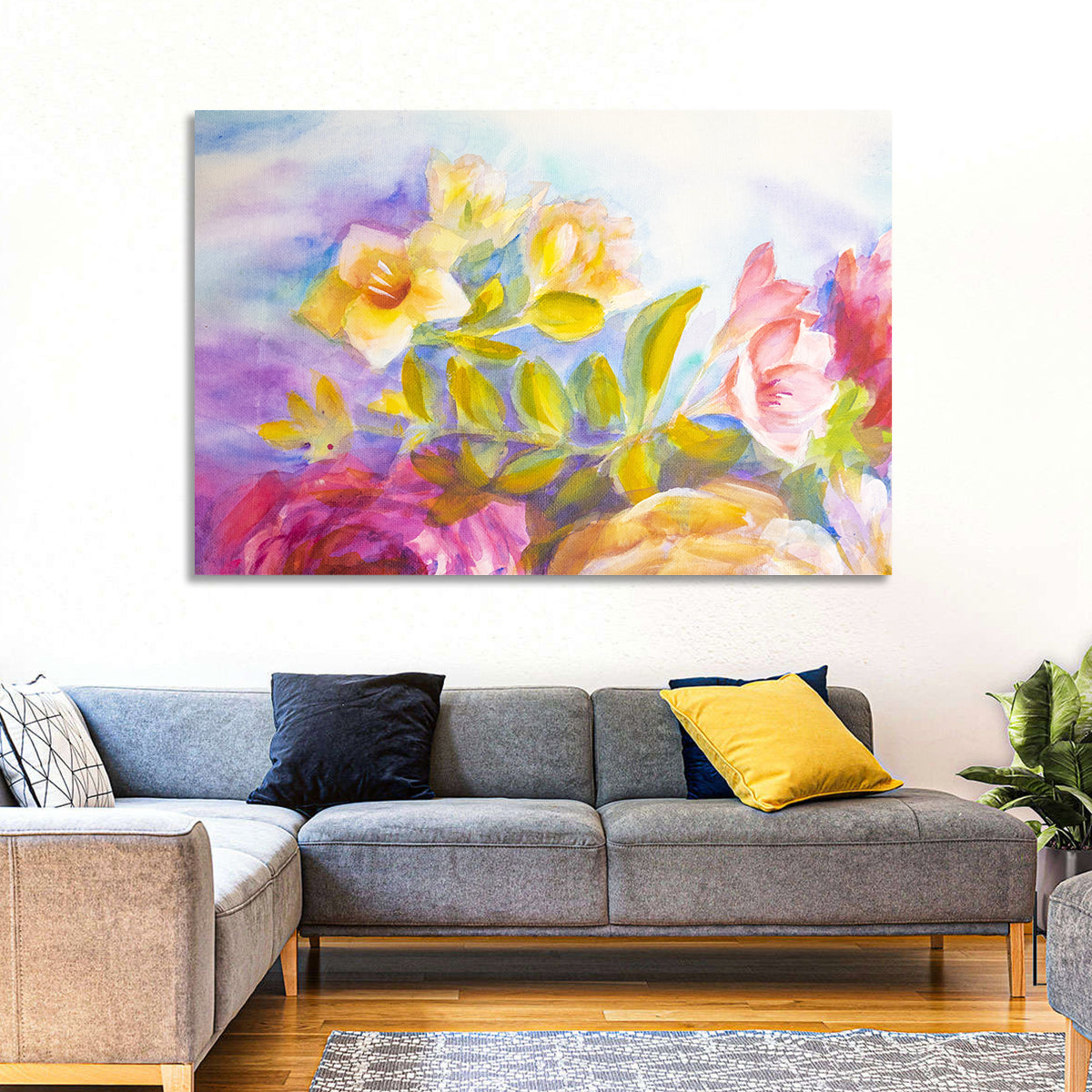 Pink and Yellow Watercolor Blossoms Wall Art in a room, landscape