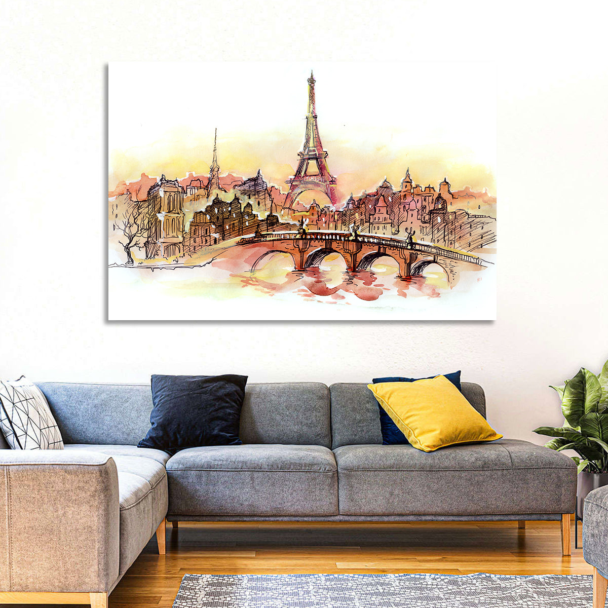 Eiffel Tower Watercolor at Dusk Wall Art in a room, landscape