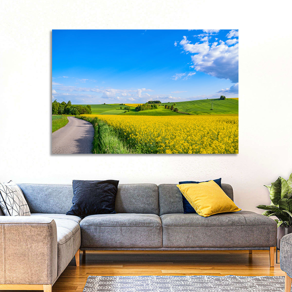 Rapeseed Field Road Under Blue Sky Wall Art