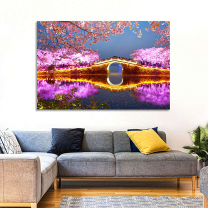 Illuminated Cherry Blossom Bridge Wall Art