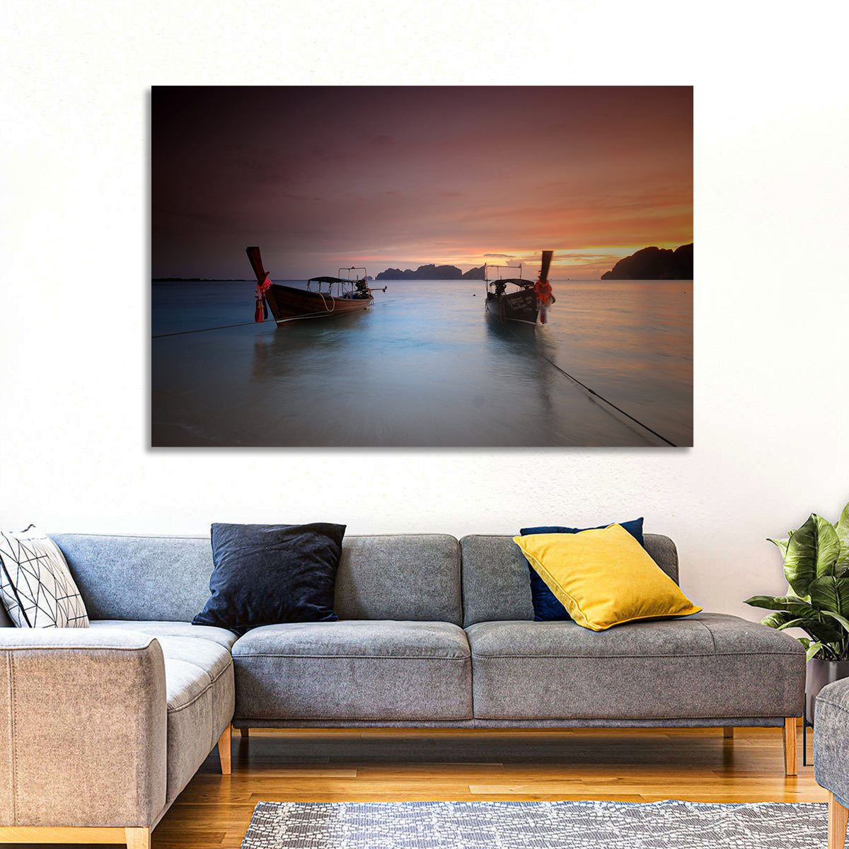 Phi Phi Longtail Boats at Golden Hour Wall Art in a room, landscape