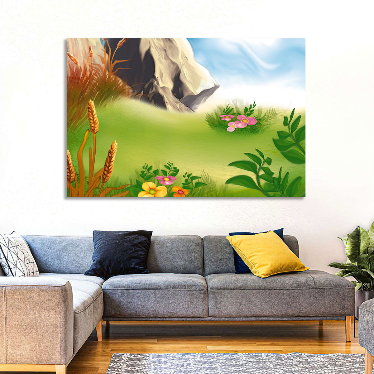 Sunny Mountain Meadow Illustration Wall Art in a room, landscape