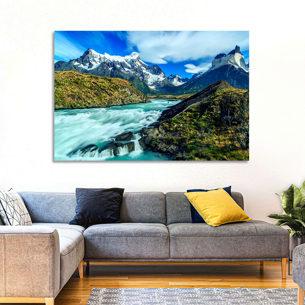 Torres Del Paine Glacier Stream Wall Art in a room, landscape