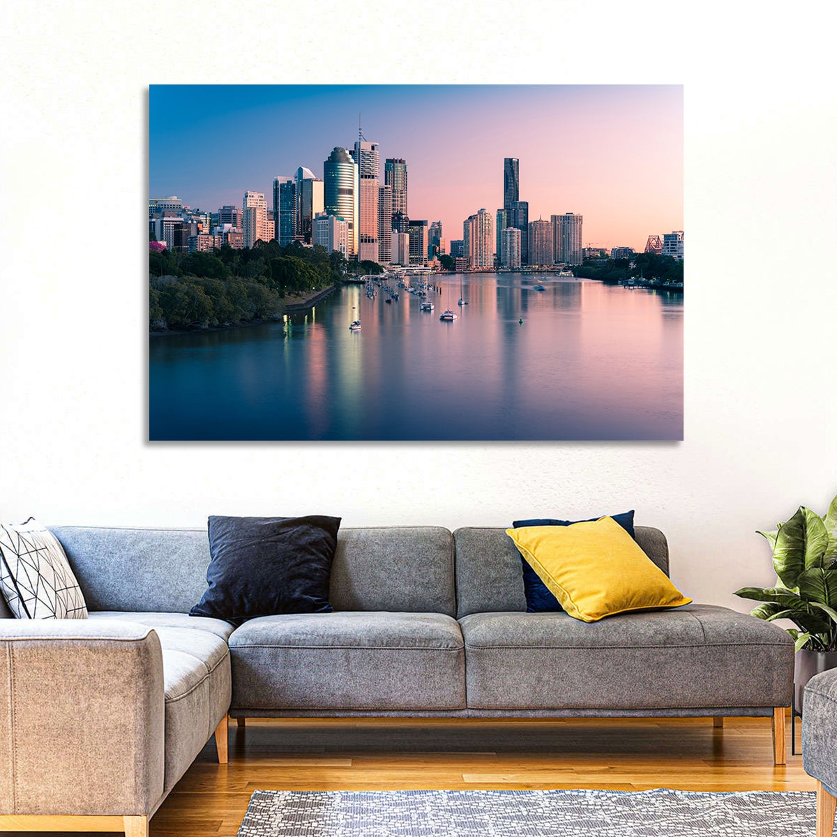 Brisbane River Skyline at Dusk Wall Art in a room, landscape
