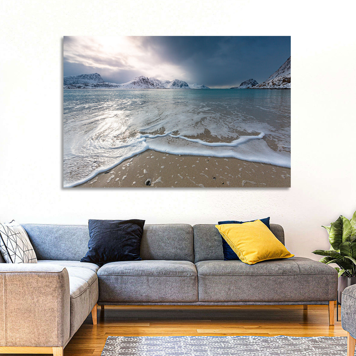 Haukland Beach Winter Light Wall Art in a room, landscape