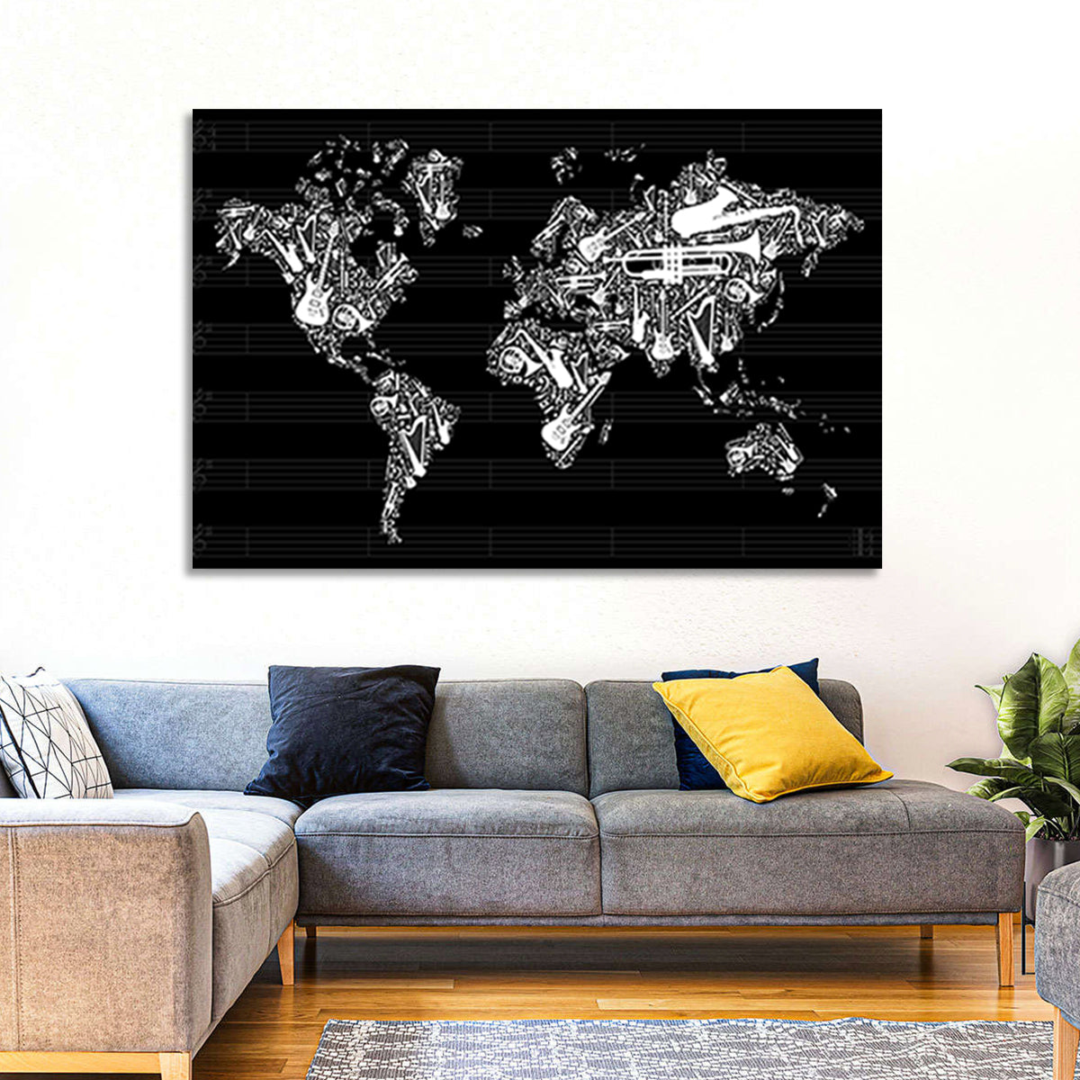 Instrument Silhouette World Map Wall Art in a room, landscape
