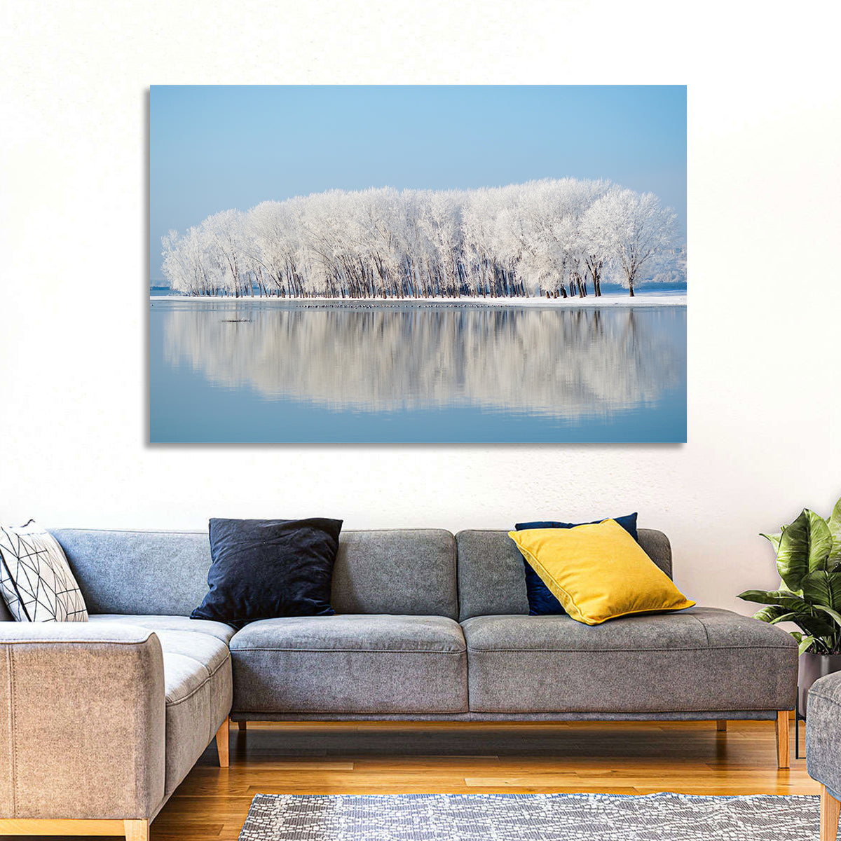 Frost Covered Lakeside Trees Wall Art in a room, landscape