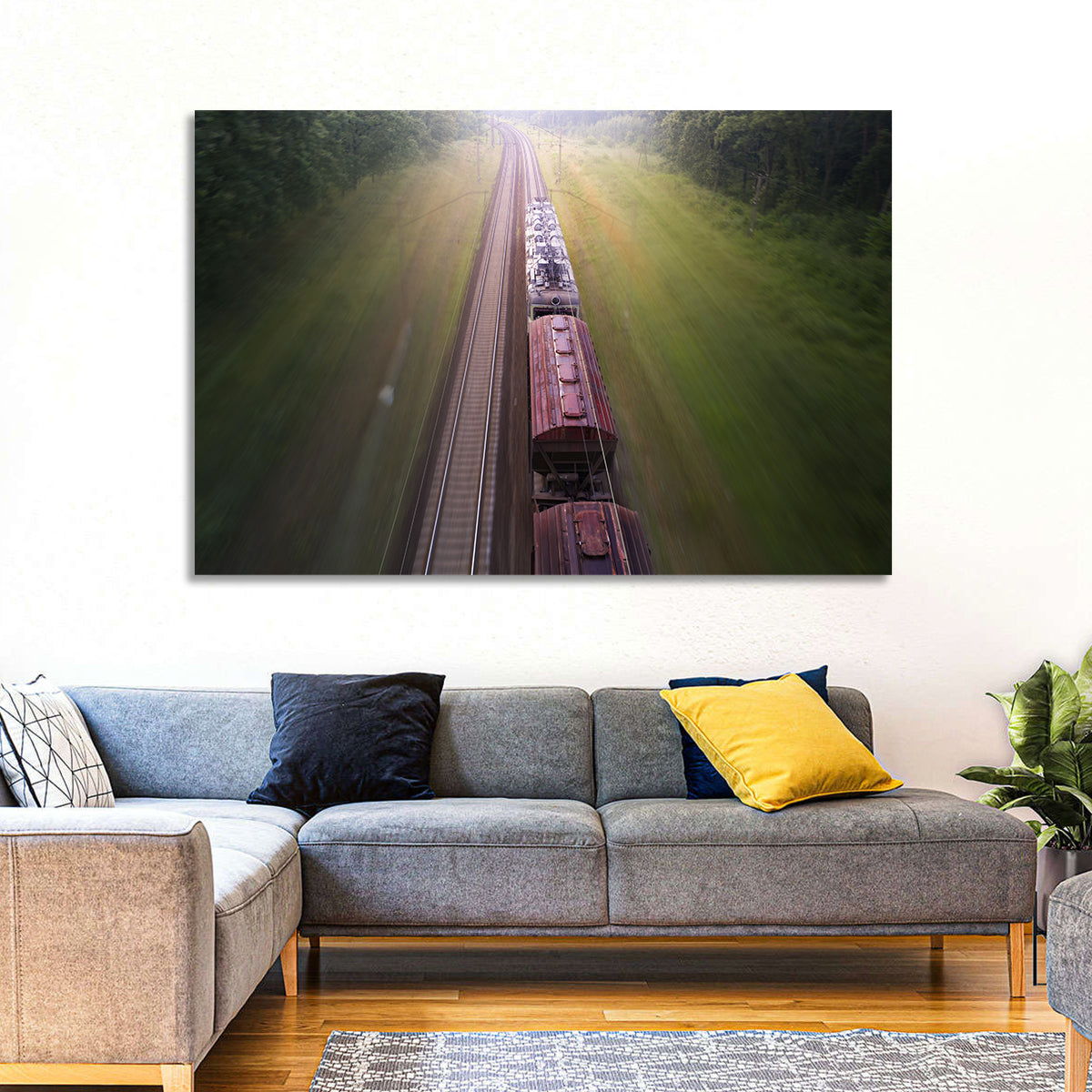Freight Train Through Forest Wall Art in a room, landscape