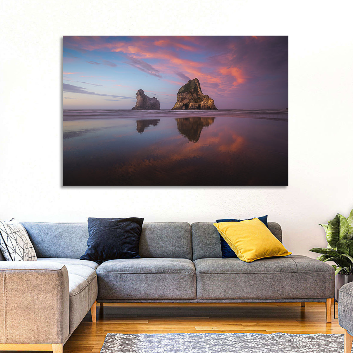 Wharariki Beach Sunrise Wall Art in a room, landscape