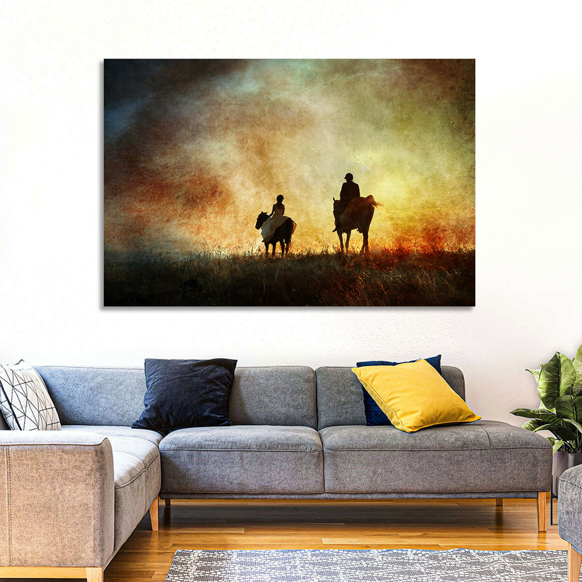 Silhouetted Horse Riders at Sunset Wall Art