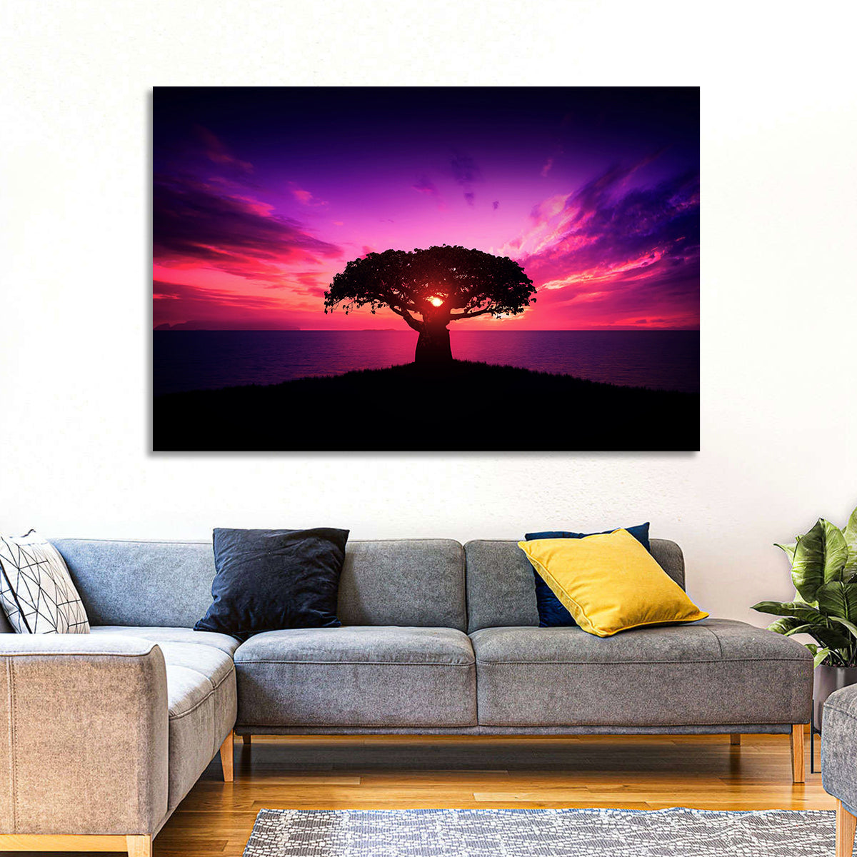 Baobab Sunset Silhouette Wall Art in a room, landscape