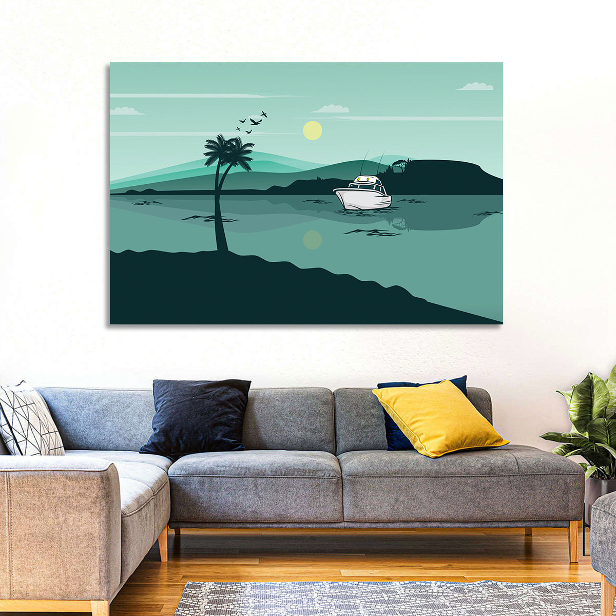 Teal Lake Boat with Palm Tree Wall Art in a room, landscape