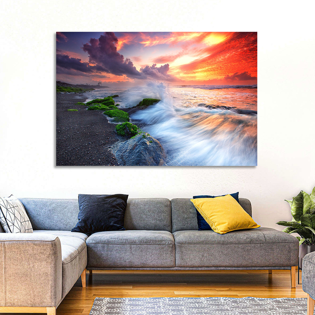 Ocean Waves Under Burning Sky Wall Art in a room, landscape