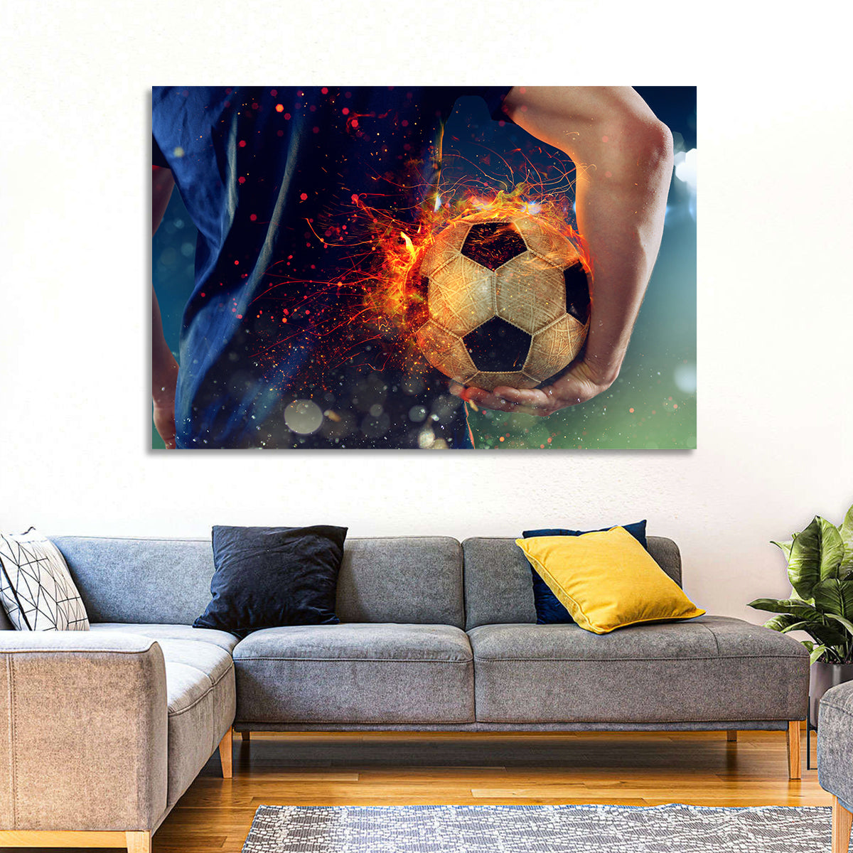 Fiery Soccer Ball and Blue Jersey Player Wall Art in a room, landscape