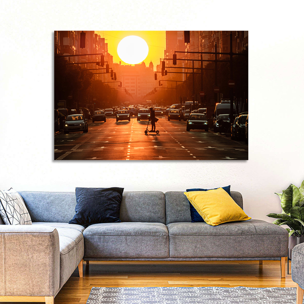 Valencia Port Avenue at Dusk Wall Art in a room, landscape