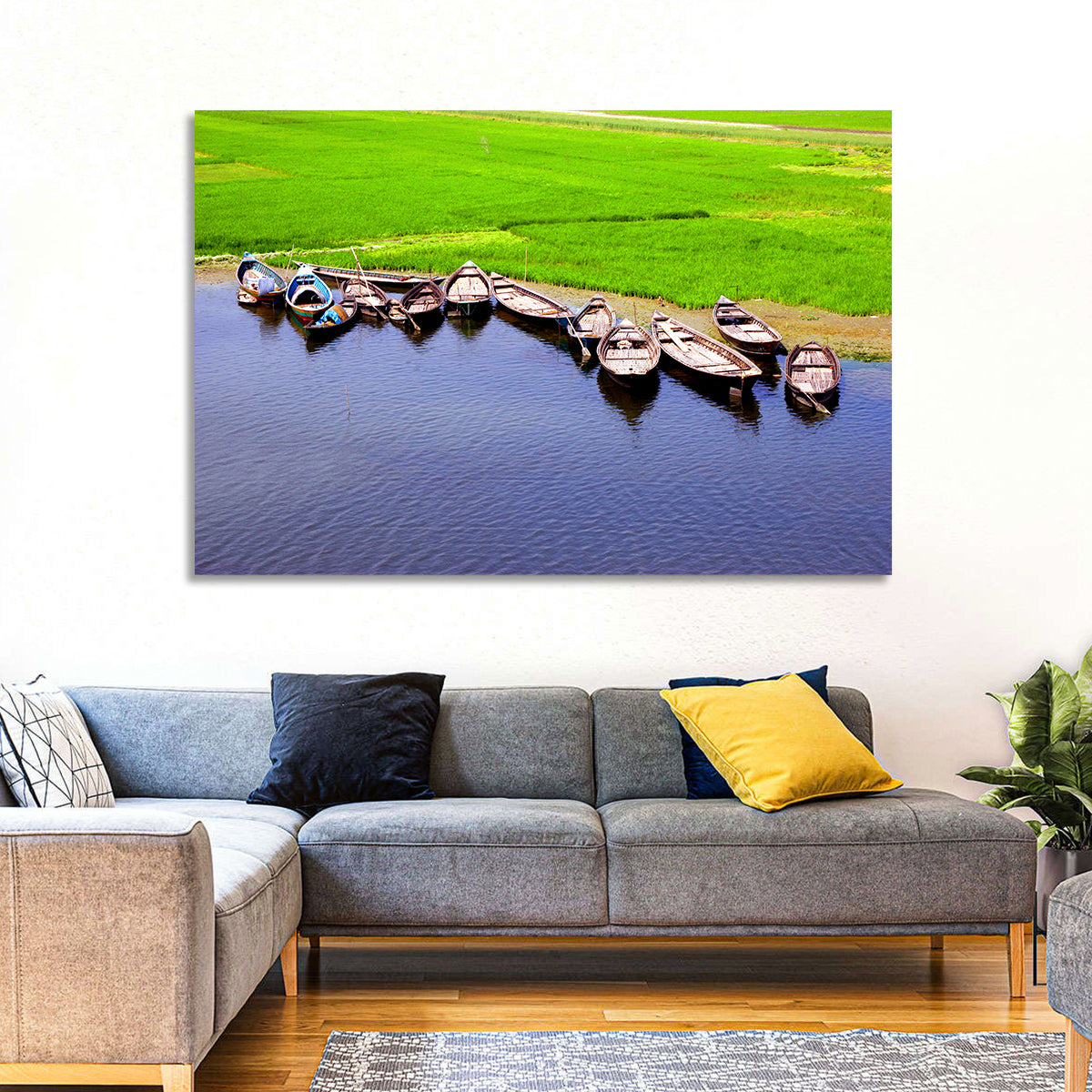 Boats at the Shoreline Wall Art in a room, landscape