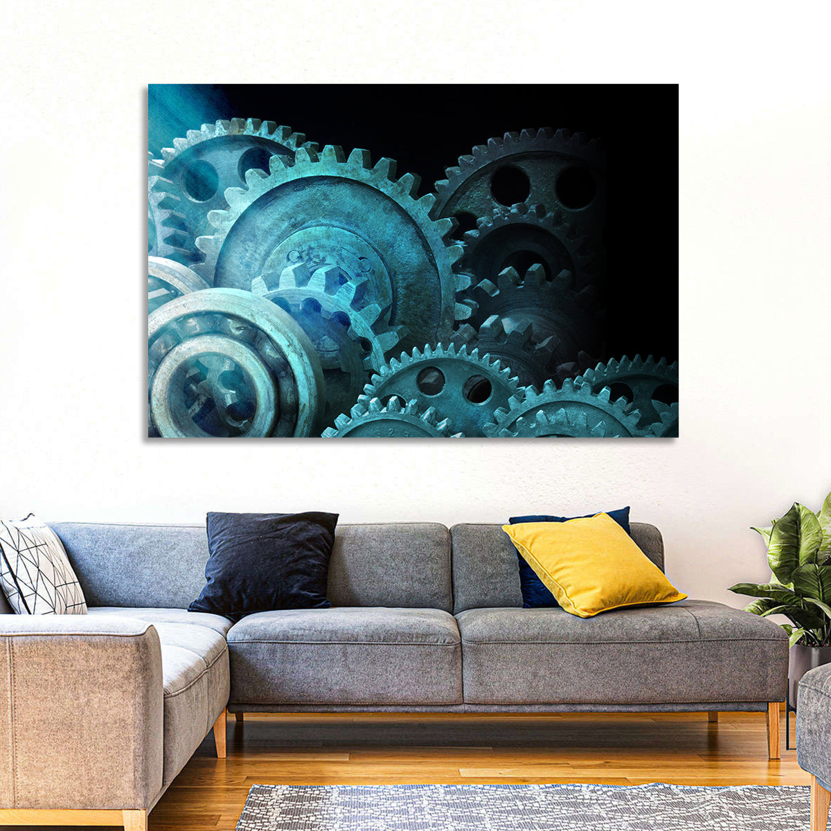 Teal and Steel Cogwheel Close-up Wall Art