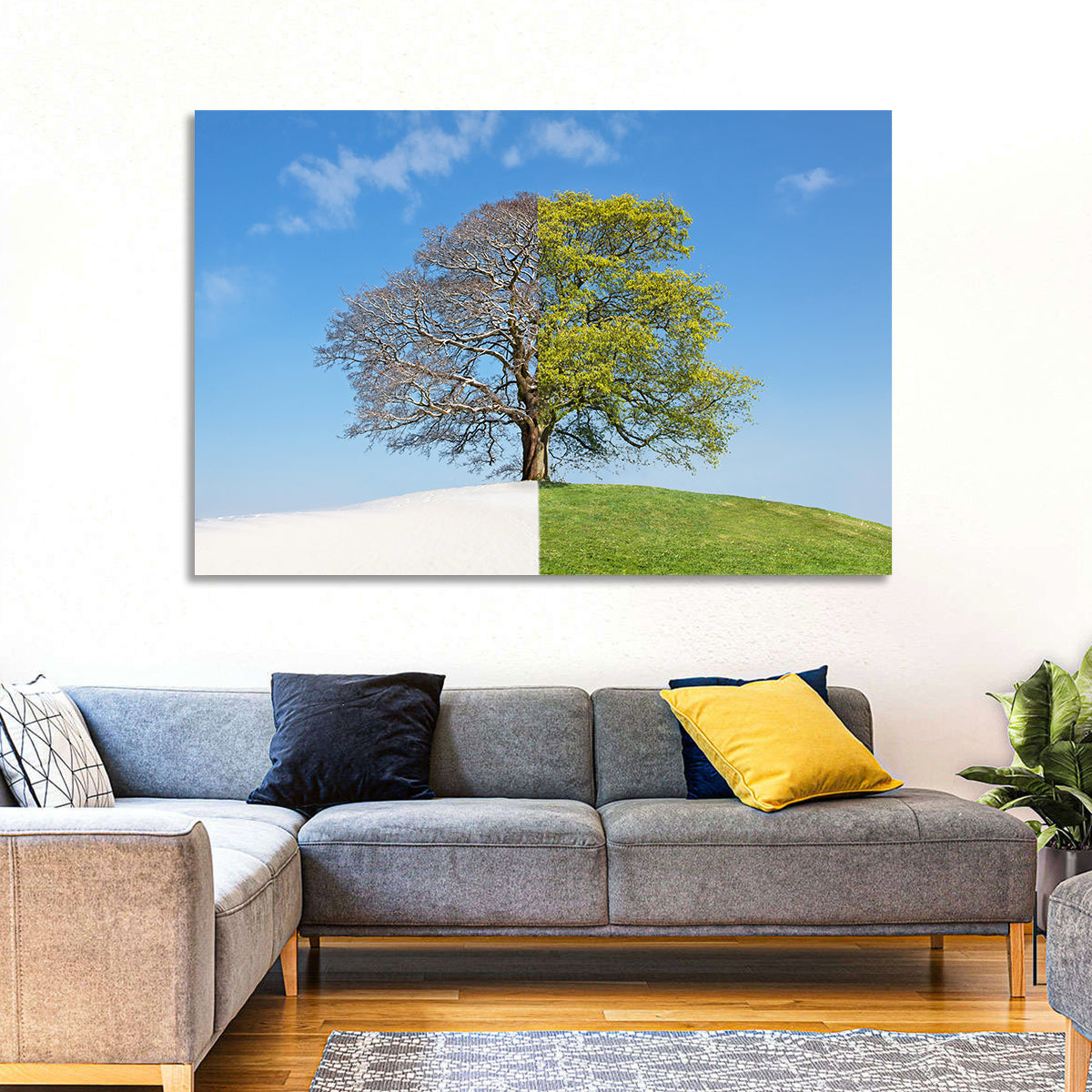 Split Season Tree Landscape Wall Art in a room, landscape