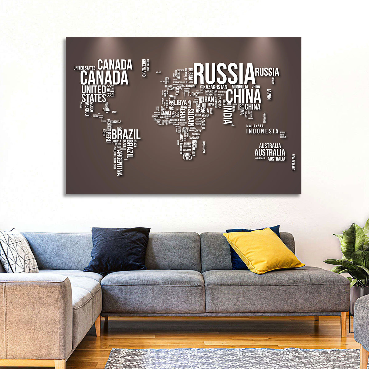 World Map Typography in Brown and White Wall Art in a room, landscape
