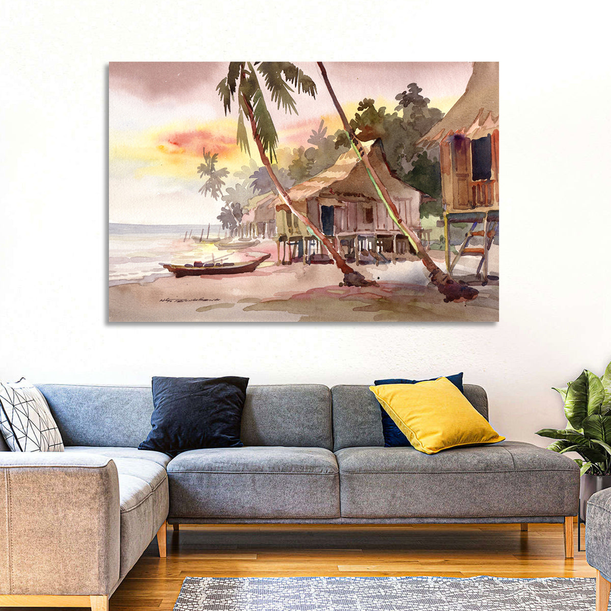 Malaysian Coastal Village at Sunset Wall Art in a room, landscape
