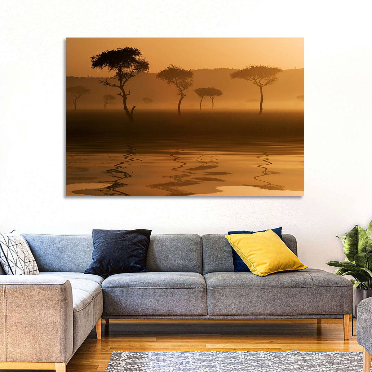Savanna Sunset Acacia Silhouettes Wall Art in a room, landscape