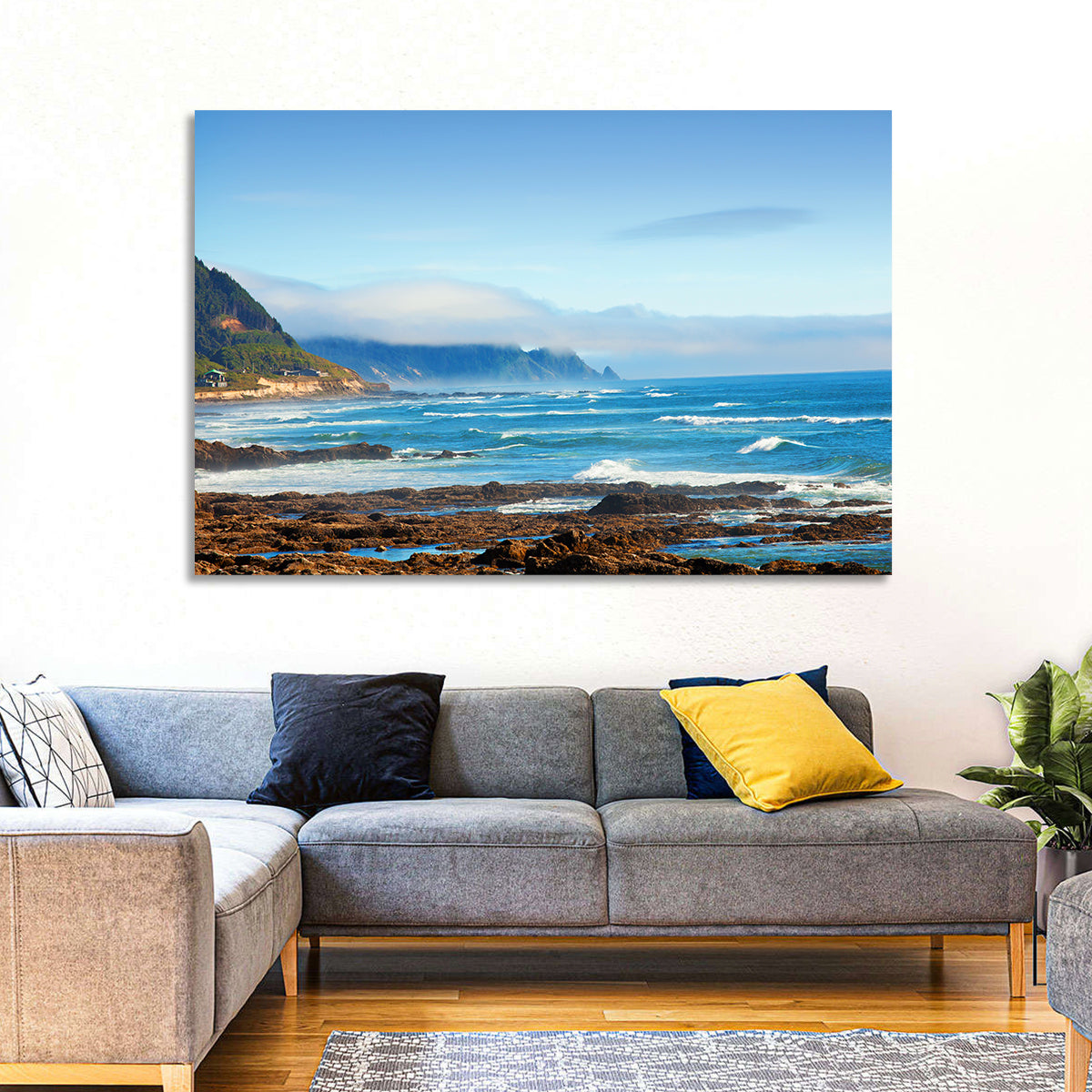 Misty Oregon Coast Tide Pools Wall Art in a room, landscape