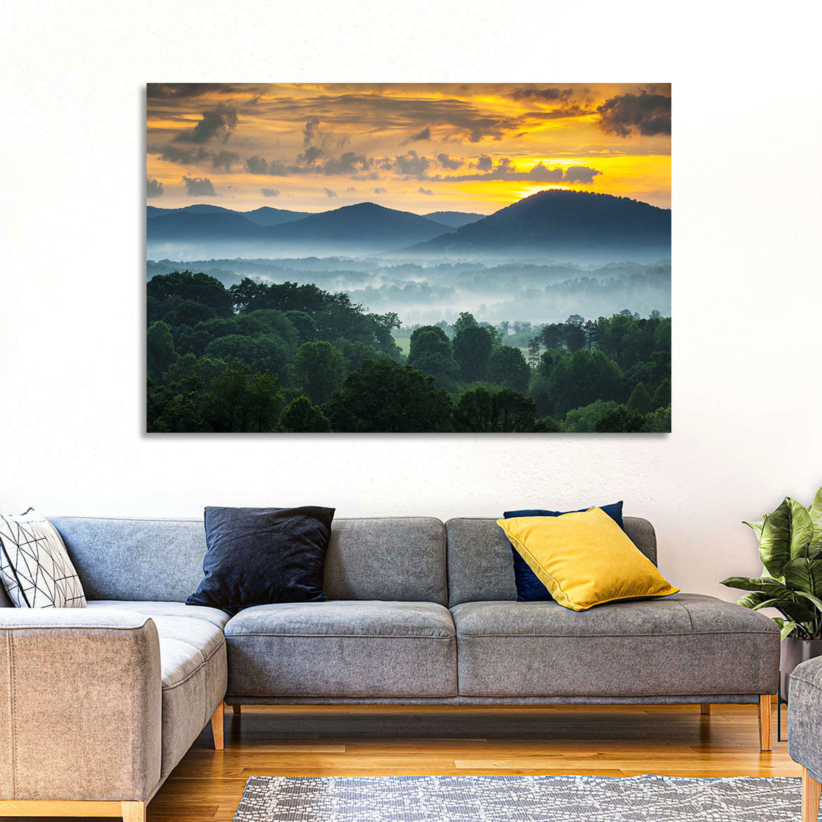 Blue Ridge Mountains Asheville Sunset Wall Art in a room, landscape