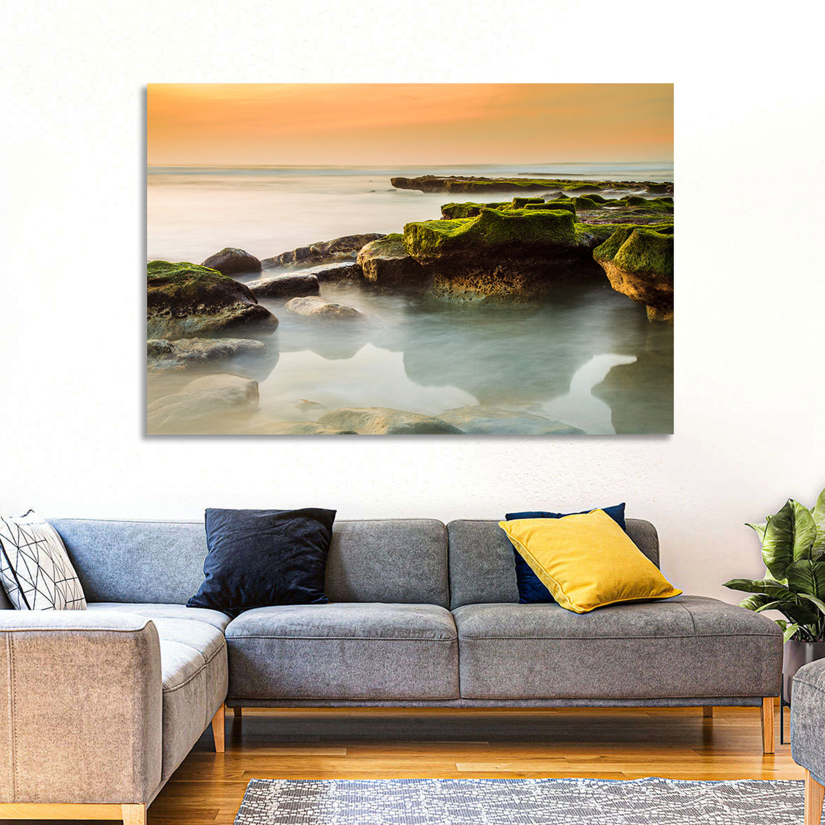Mossy Rocky Coastline at Golden Hour Wall Art