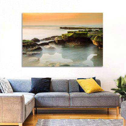 Mossy Rocky Coastline at Golden Hour Wall Art