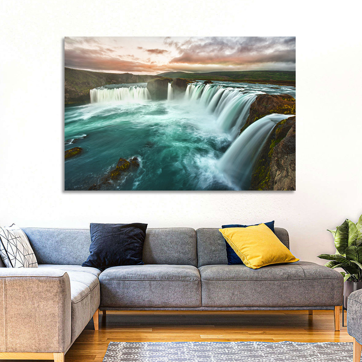 Goðafoss Waterfall at Golden Hour Wall Art in a room, landscape
