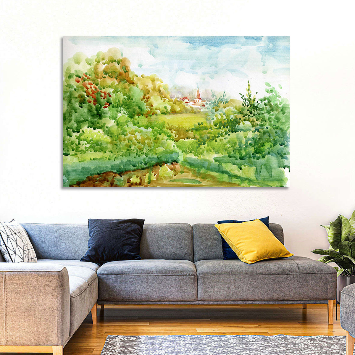 Red Steeple Village Watercolor Wall Art