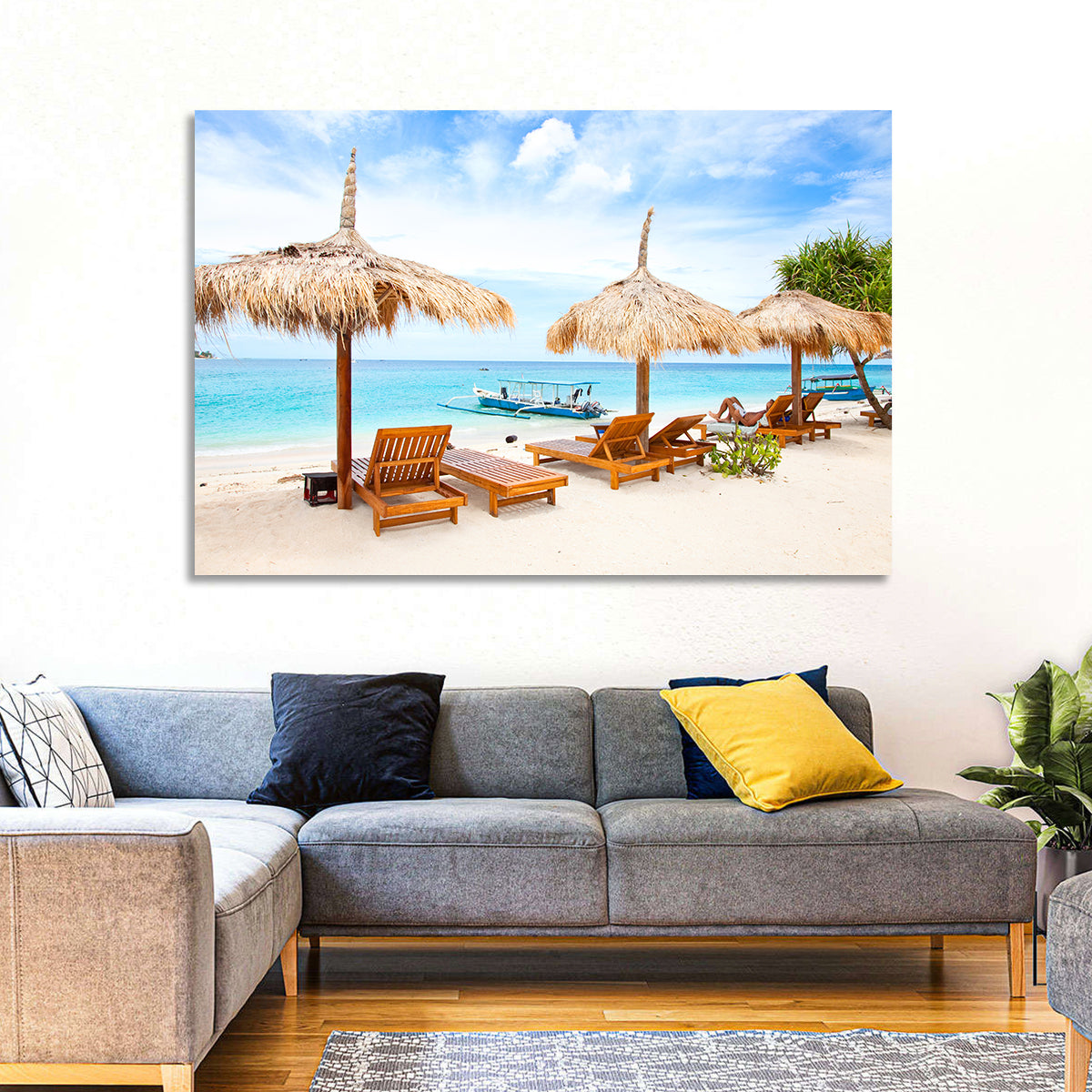 Gili Meno Beach with Thatched Umbrellas Wall Art