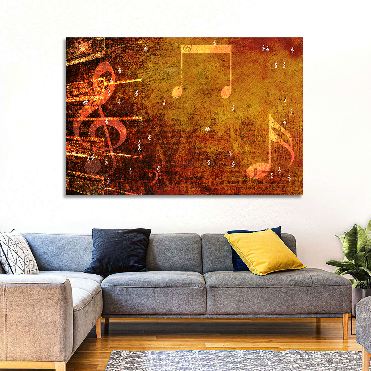 Grunge Sheet Music Collage Wall Art in a room, landscape