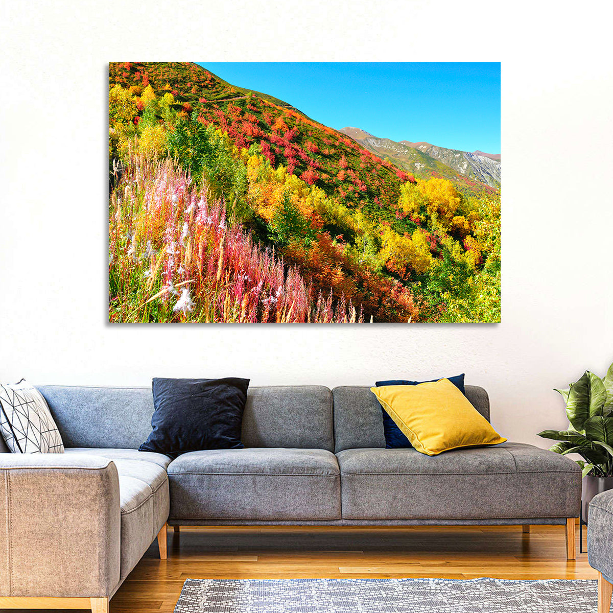 Svaneti Autumn Mountain Landscape Wall Art in a room, landscape